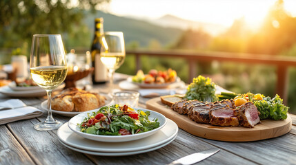 Sophisticated outdoor dining setup with tuna steak and wine against mountain vista