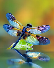 Close-up of a dragonfly resting on a wet leaf, detailed wings, blurred green background 