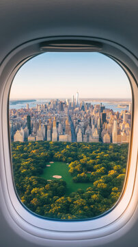 Skyline harmony view of new york city and central park from airplane window