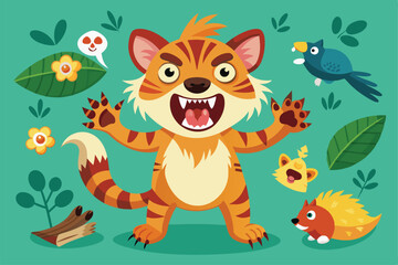 This cartoon wild animal showcases different emotions while surrounded by cheerful flora and fauna, Wild animal with different emotions, gestures and poses,