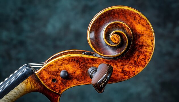 A close up image featuring the ornate scroll of a stringed instrument