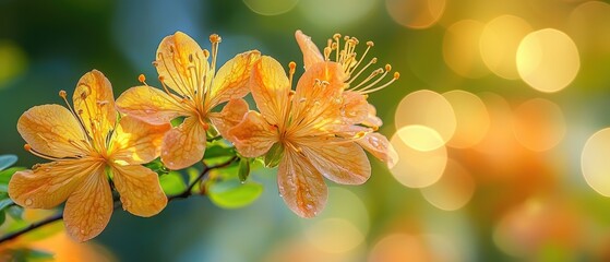 Three vibrant orange blossoms on a branch, bathed in soft, golden sunlight against a bokeh background