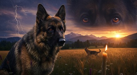 German Shepherd in Wheat Field Under Stormy Sunset Sky Image