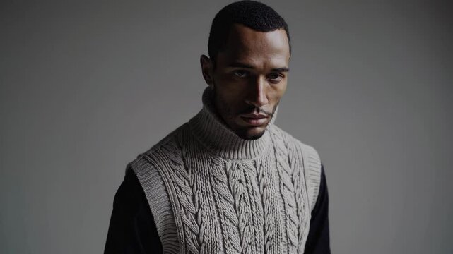 Fashion model showcases knitwear in a studio setting during a minimalist photoshoot