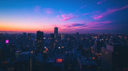 Fototapeta premium A High Angle View Over Illuminated City Buildings at Sunset