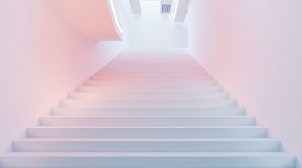 Obraz premium A modern, minimalist staircase with soft gradient lighting in pastel tones, creating a serene atmosphere.