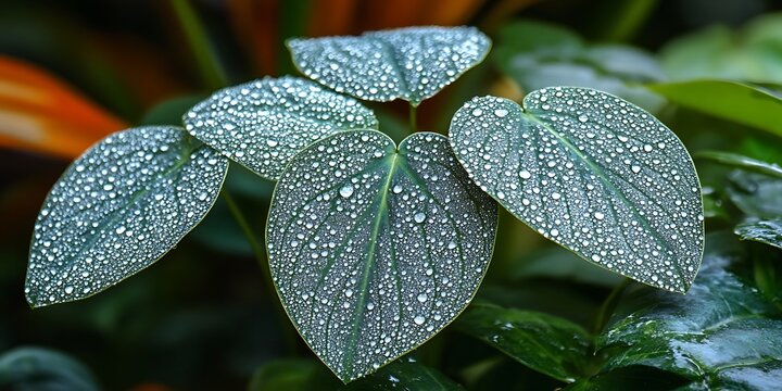 Close up of wet green leaves with small water droplets