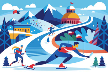 Athletes engage in various winter sports amidst snow-covered mountains and a vibrant, festive atmosphere, Winter olympics Customizable Semi Flat Illustration