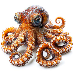 Obraz premium A close-up shows a vibrant orange-brown octopus with prominent eyes and curled tentacles suction cups visible isolated on a white background.