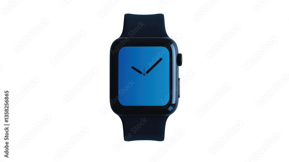 Poster smartwatch with blue display showing time on transparent background