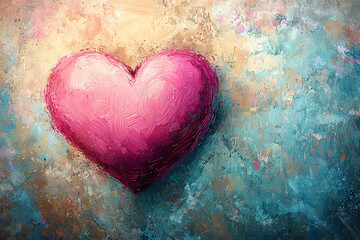 Here's a description suitable for an image title: Painted pink heart against a textured background of blues yellows and pinks evoking feelings of love and affection.