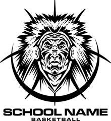 tribal indian chief mascot face inside basketball for school, college or league sports