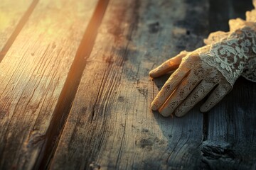 Golden Hour Lace Gloves on Rustic Wood.