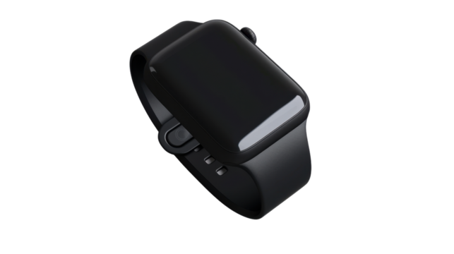 Modern smartwatch with black display and band on transparent background