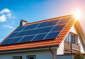 Naklejka premium Photo of solar panels on the roof on a sunny day, a photovoltaic installation and a modern house with a red tile roof, the sun shining through the sky, against a blue background.