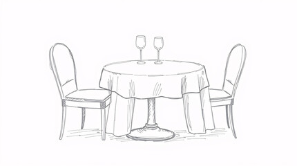 A minimalist sketch of a romantic dining setup with wine glasses and elegant chairs.