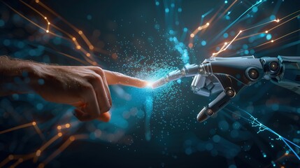 Naklejka premium A symbolic connection between human and robot hands, representing artificial intelligence, human-machine collaboration, and future technology. 
