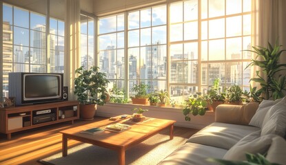 Fototapeta premium Sunny city view living room with vintage TV
