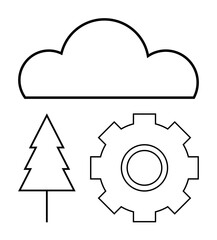 Cloud, tree, and gear outline highlighting the balance between nature, innovation, and industry. Ideal for environmental tech, sustainable growth, clean energy, future concepts green practices