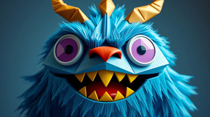 Fototapeta premium Fun, playful, blue, monster, cartoon, smiling, big eyes, horns, furry, friendly, whimsical, colorful, cheerful, animated, character, creature, imaginative, vibrant, happy, fantasy, mythical, illustrat