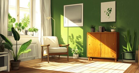 Sunny, cozy living room with plants, wooden furniture, and artwork.  Use for interior design inspiration