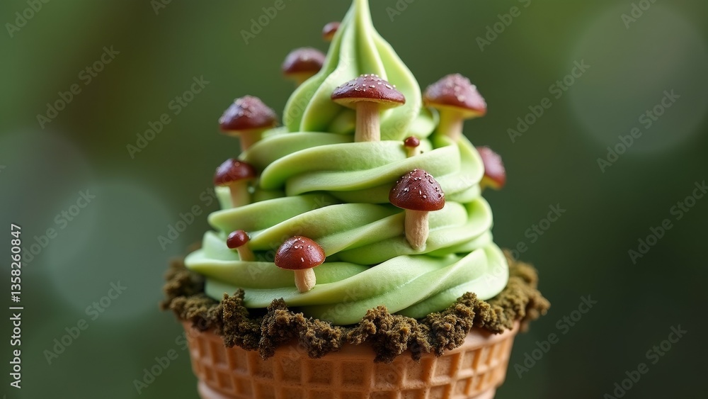 Poster close cupcake ice cream cone cupcake topped swirl green frosting shape tree frosting swirled way cre
