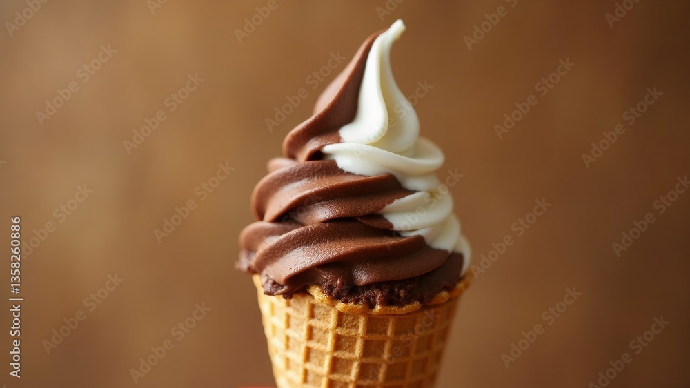 Poster close ice cream cone cone waffle has golden brown color top cone swirl chocolate frosting light brow