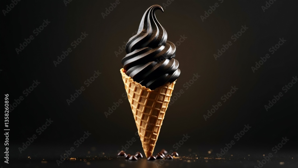Poster close ice cream cone cone waffle cones placed black surface ice cream dark brown color has swirl cho