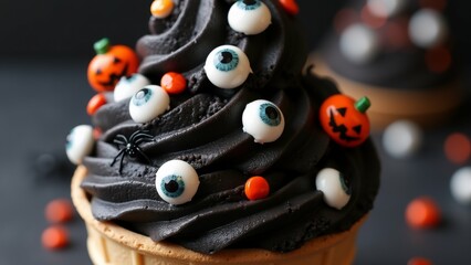 Fototapeta premium close cupcake ice cream cone cupcake has dark chocolate frosting top swirls chocolate shavings cascading down sides top frosting several small orange white candies including black spider jack lantern