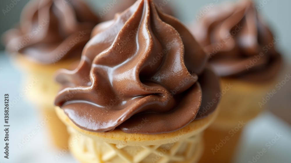 Poster three ice cream cones chocolate frosting top cones light brown color waffle like texture frosting ri