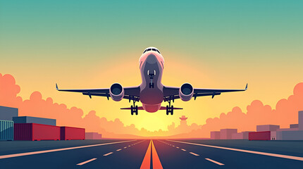 Fototapeta premium Stylized digital illustration of a commercial airplane taking off from an airport runway, symbolizing travel and logistics