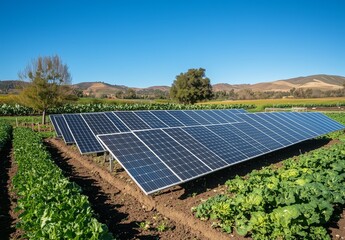 Solar panels on the ground in front of a vegetable garden, a clear blue sky with no clouds or sun visible.