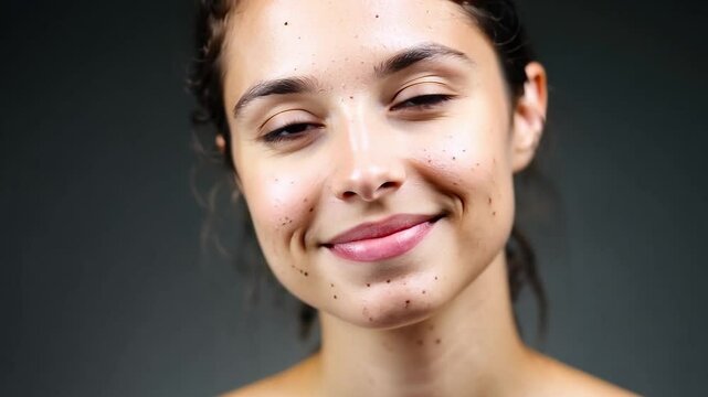 Close-up portrait of young woman with natural skin and visible moles on neutral dark background. Skincare and dermatology concept. Design for banner, poster, header, postcard. Studio portrait photogra