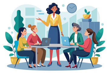 A woman stands at the front of a meeting, presenting to her engaged colleagues around a conference table, woman conducting a meeting