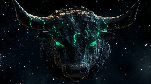 A taurus bull head carved from dark obsidian, with glowing green cracks, set against a starry night sky, cosmic energy, no blur, full image. Lunar Obsidian. Illustration