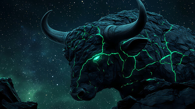 A taurus bull head carved from dark obsidian, with glowing green cracks, set against a starry night sky, cosmic energy, no blur, full image. Lunar Obsidian. Illustration