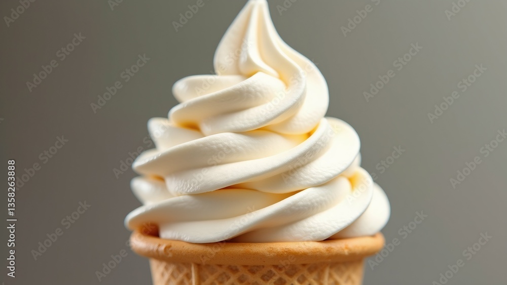 Poster close ice cream cone cone waffle cones light brown color ice cream creamy white color has swirl patt
