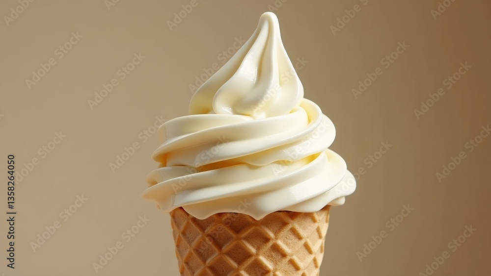 Poster close ice cream cone cone waffle cones light brown color ice cream creamy white color swirled spiral
