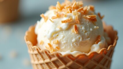 close scoop vanilla ice cream waffle cone ice cream creamy white color topped generous amount orange colored sprinkles sprinkles scattered top ice cream giving crunchy texture cone light brown color