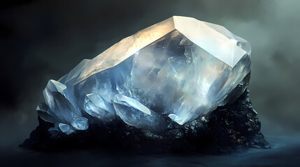 Large moonstone crystal embedded in a bed of black stone or obsidian, heavy, lunar stone. Lunar Obsidian. Illustration