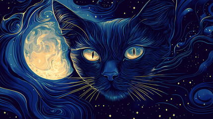 Mystical cat under moon, enigmatic russian blue cat outlined by a full moon, eyes aglow like twin sapphires, backdrop adorned with sparkling stars. Lunar Obsidian. Illustration
