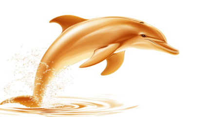 Golden Dolphin Leaping Out of Water with Splashing Waves and Shimmering Sunlight Reflection