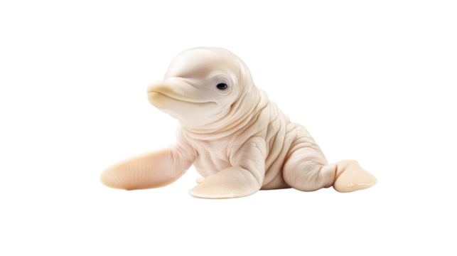 Cute Beluga Whale Calf Sitting Playfully on White Background in Studio Setting