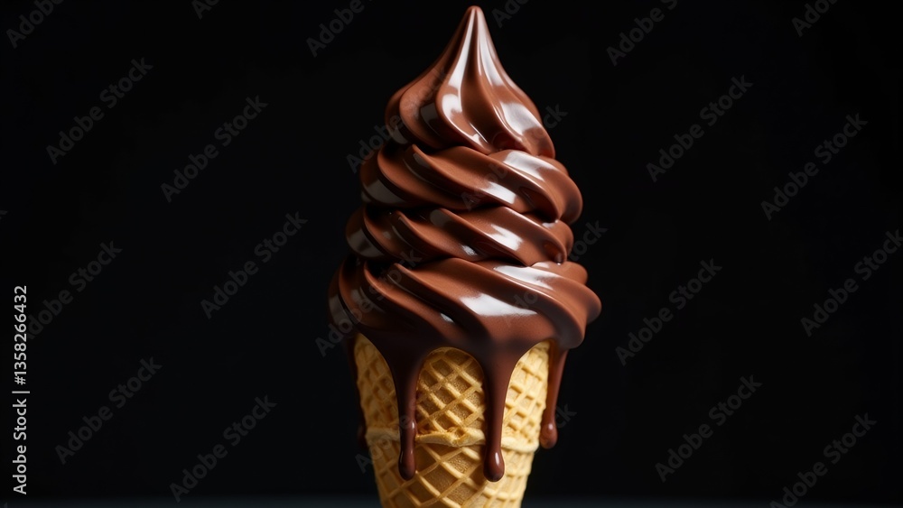 Poster close ice cream cone cone waffle placed black background ice cream rich dark brown color swirled spi