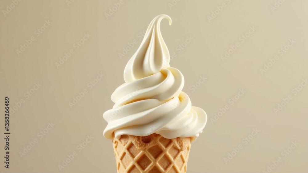Poster close ice cream cone cone waffle cones light brown color ice cream creamy white color has swirl patt