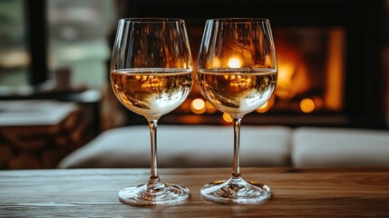 Two glasses of white wine sit on a wooden table in front of a fireplace