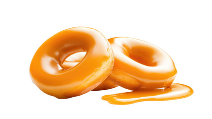 Delicious Glazed Doughnuts with Sweet Caramel Sauce on a White Background