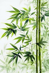 Fototapeta premium Green Bamboo Foliage Watercolor Painting