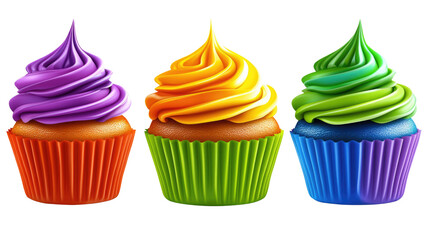 Colorful Cupcakes with Whipped Frosting in Bright Purple, Orange, and Green Tones