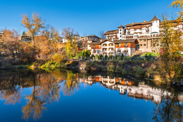 Autumn colors on Blackbird island Park along the Wenatchee River in the town of Leavenworth,...